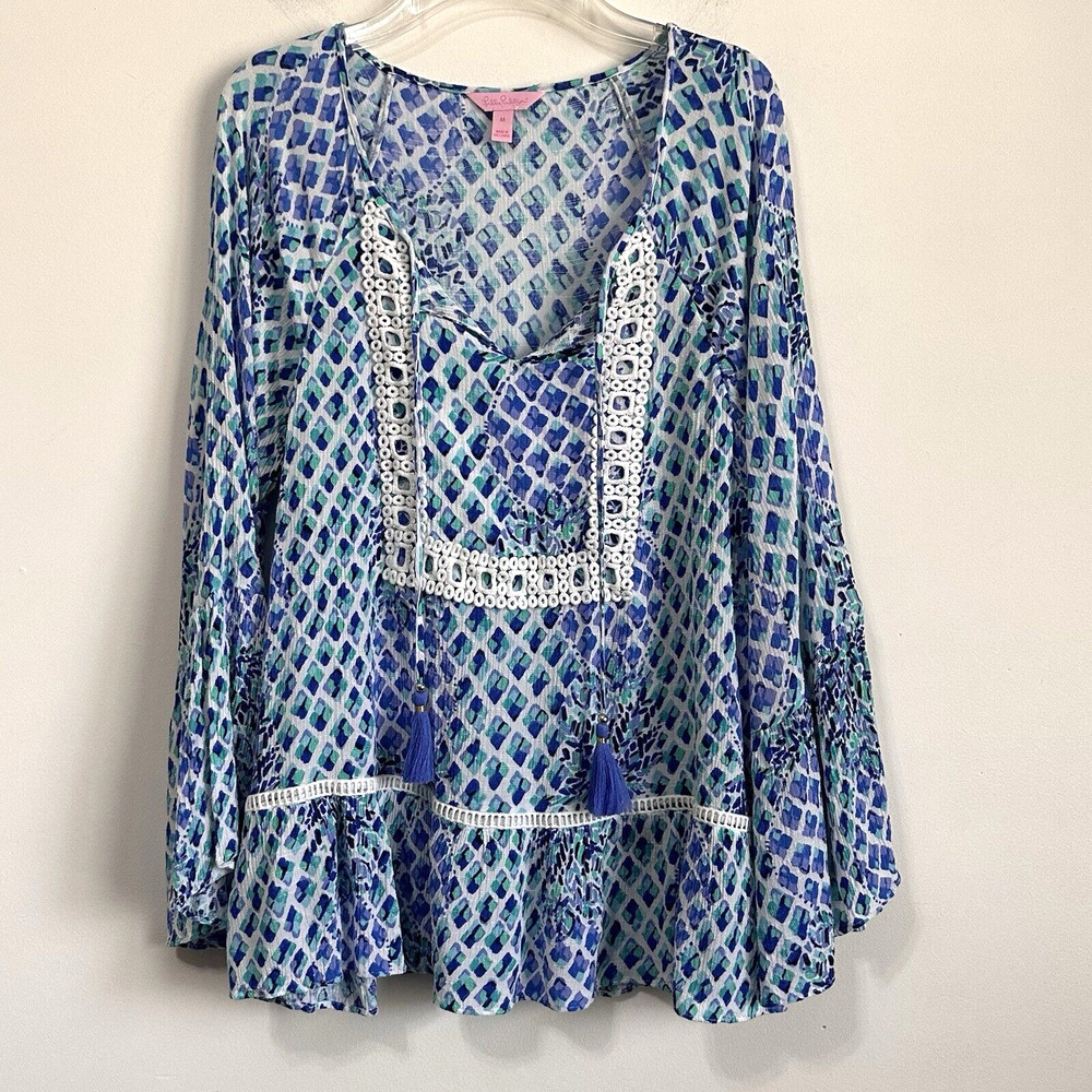 Lilly Pulitzer Amisa Blouse‎ Top M Blue Bell Sleeve Tassel Popover Summer Preppy